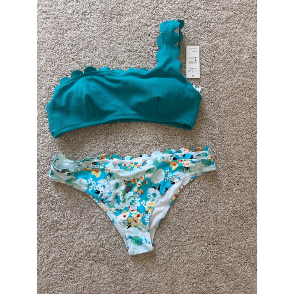 Cupshe Teal One Shoulder Scalloped Floral Bikini Set DAA12C3B003RS New Size L
